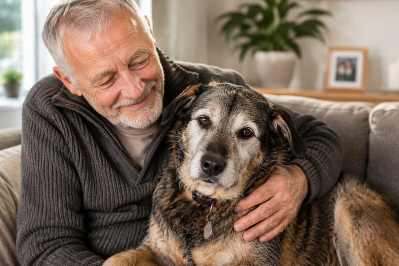Älterer Mann sitzt liebevoll mit seinem älteren Mischlingshund auf dem Sofa und hält ihn fürsorglich im Arm.