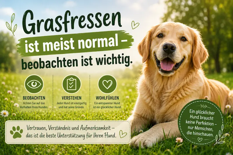Glücklicher Golden Retriever liegt entspannt auf einer sonnigen Wiese. Die Botschaft des Bildes: Grasfressen ist meist normal – beobachten statt Sorgen.