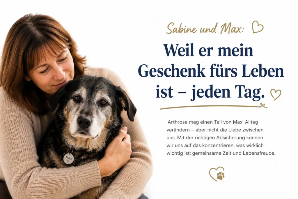 Sabine hält ihren älteren Mischlingshund Max liebevoll im Arm, während eine emotionale Überschrift auf Absicherung bei Arthrose hinweist.