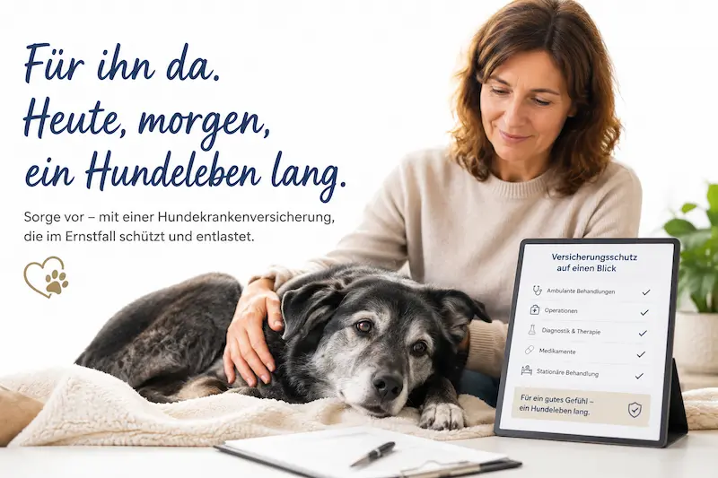 Älterer Hund liegt entspannt neben seinem Menschen, der sich über eine Hundekrankenversicherung für Senior-Hunde informiert.