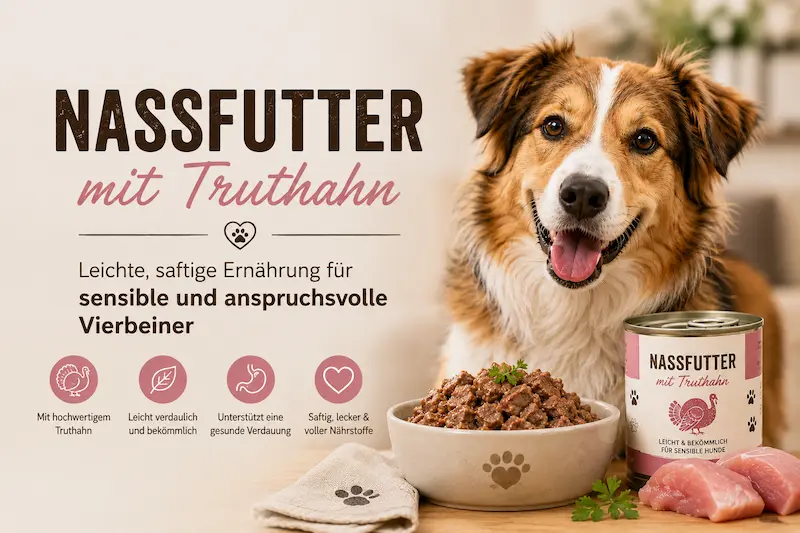 Hero-Bild mit fröhlichem Hund, Napf mit saftigem Truthahn-Nassfutter und Dose, beworben als leichte Ernährung für sensible Hunde.