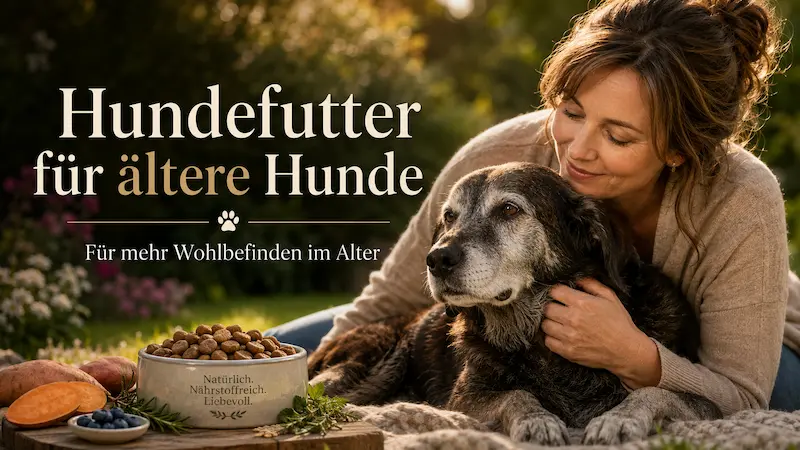 Frau kuschelt mit einem älteren Hund im Garten neben einem Napf mit Senior-Hundefutter.