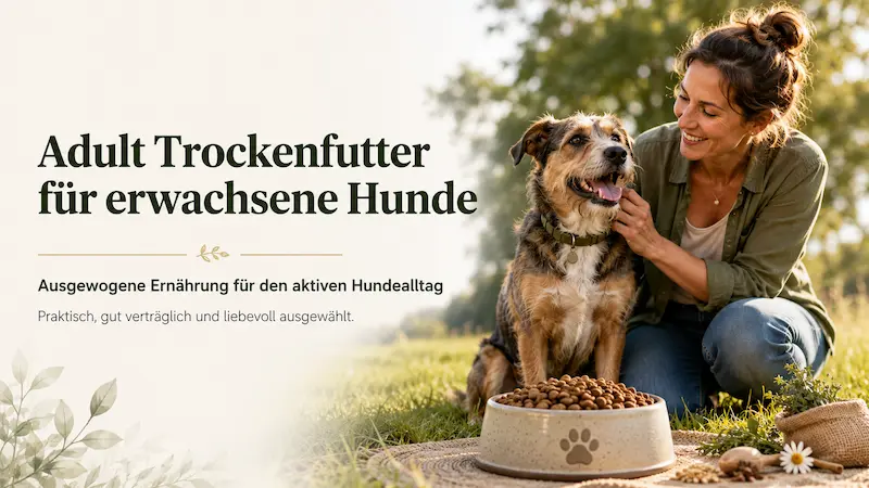 Frauchen mit Mischlingshund im Freien neben einem Napf mit Trockenfutter – Hero-Bild zum Thema Adult Trockenfutter für erwachsene Hunde.