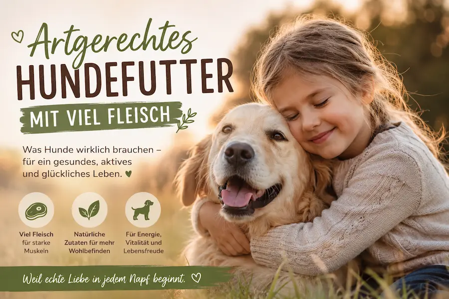 Kind umarmt einen glücklichen Golden Retriever auf einer Wiese. Das Bild wirbt emotional für artgerechtes Hundefutter mit viel Fleisch.