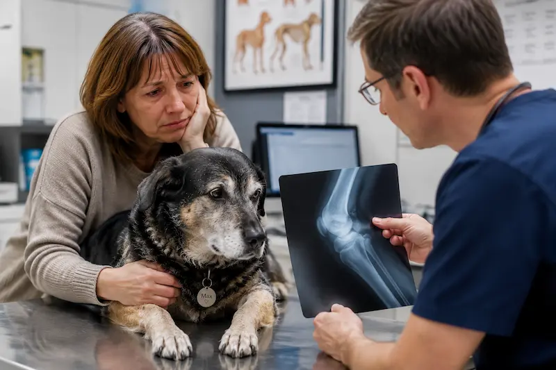 Traurige Hundehalterin sitzt mit ihrem älteren Mischlingshund Max beim Tierarzt und bespricht die Arthrose-Diagnose anhand eines Röntgenbildes.