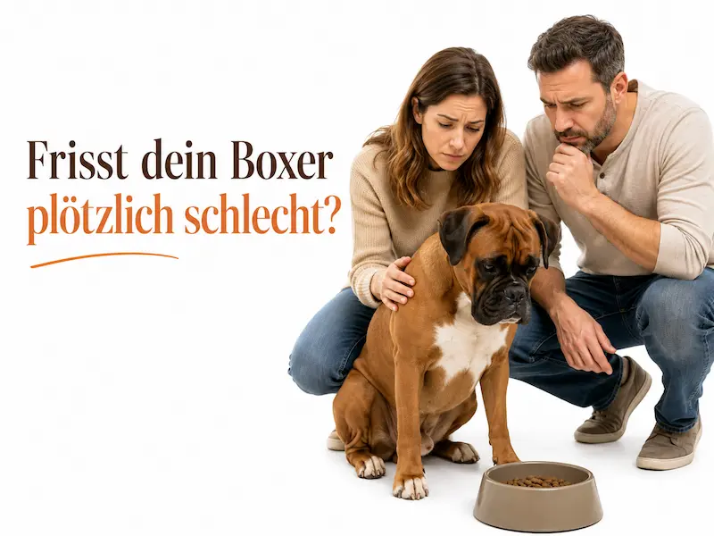 Besorgtes Paar mit Boxerhund vor weißem Hintergrund neben der Frage, ob der Boxer plötzlich schlecht frisst.