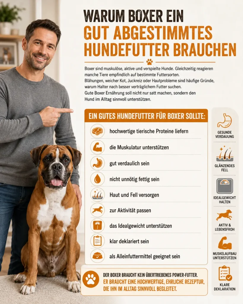 Infografik zur Boxer Ernährung mit Herrchen und Boxerhund, die zeigt, warum ein gut abgestimmtes Hundefutter für Boxer wichtig ist.