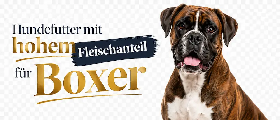 Transparentes Hero-Bild für einen Artikel über Hundefutter mit hohem Fleischanteil für Boxer. Zu sehen ist ein freundlicher Boxer mit großer hervorgehobener Überschrift.