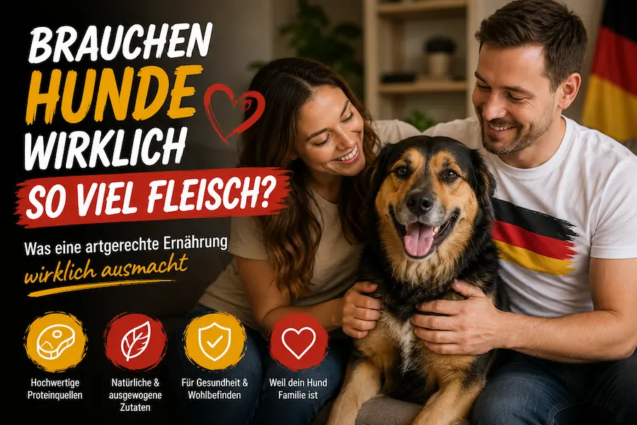 Hundehalter-Paar sitzt mit großem Mischlingshund auf dem Sofa; der Mann trägt ein Deutschland-Shirt. Das Hero-Bild fragt, ob Hunde wirklich so viel Fleisch brauchen.