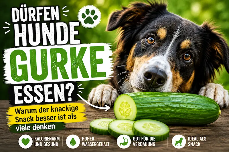 Neugieriger Hund schaut auf frische Gurken und Gurkenscheiben mit der Frage, ob Hunde Gurke essen dürfen.