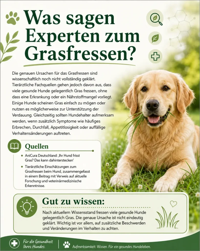 Infografik mit Golden Retriever auf einer Wiese zum Thema Grasfressen beim Hund. Die Grafik fasst Experteneinschätzungen, Quellen und wichtige Hinweise zu Ursachen und Warnzeichen zusammen.