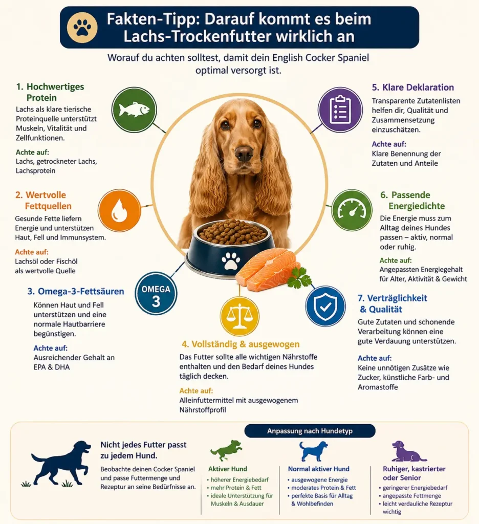 Infografik mit English Cocker Spaniel und Tipps zu hochwertigem Lachs-Trockenfutter, Protein, Omega-3, Energiedichte und Verträglichkeit.