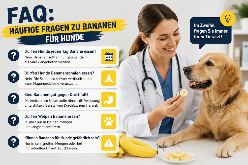 Tierärztin hält einem Hund ein Stück Banane hin, daneben stehen häufige Fragen dazu, ob Hunde Bananen essen dürfen.