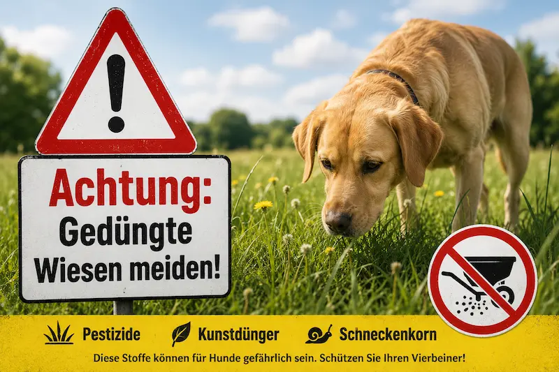 Hund schnuppert auf einer Wiese neben einem Warnschild mit dem Hinweis, gedüngte Wiesen zu meiden.