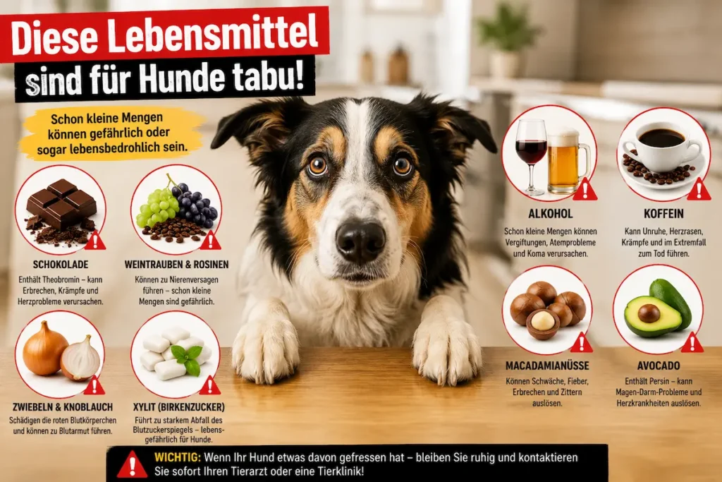 Hund schaut besorgt in die Kamera, umgeben von Warnhinweisen zu gefährlichen Lebensmitteln für Hunde wie Schokolade, Weintrauben, Xylit, Zwiebeln, Alkohol, Koffein, Macadamianüsse und Avocado.