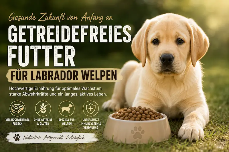 Labrador-Welpe mit Futternapf und Hinweis auf getreidefreies Futter für gesundes Wachstum.