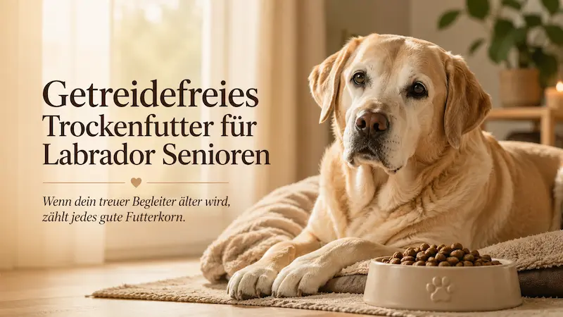 Älterer Labrador liegt entspannt neben einem Napf mit Trockenfutter in warmer Wohnatmosphäre, dazu emotionale Überschrift zu getreidefreiem Trockenfutter für Senioren.