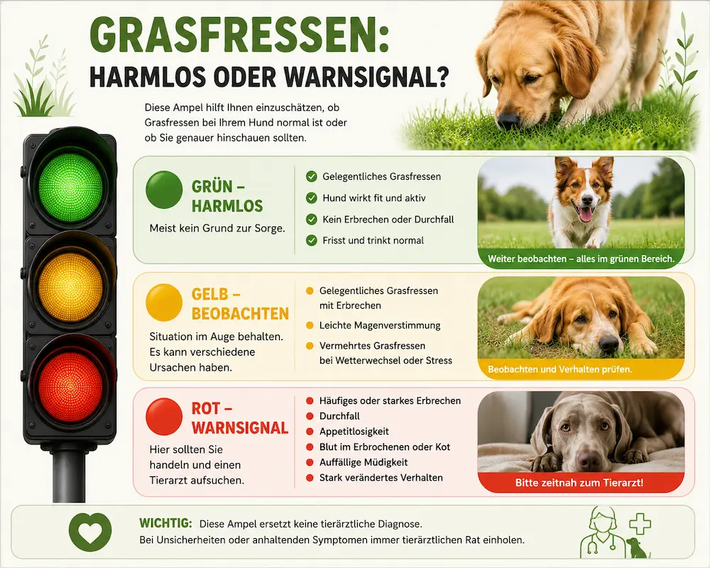 Ampel-Grafik zum Grasfressen beim Hund mit grünen, gelben und roten Warnstufen sowie Symptomen wie Erbrechen, Durchfall und Appetitlosigkeit.