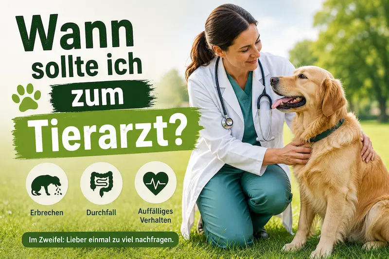 Tierärztin untersucht einen Golden Retriever auf einer Wiese mit Hinweis auf Warnzeichen wie Erbrechen, Durchfall und auffälliges Verhalten.