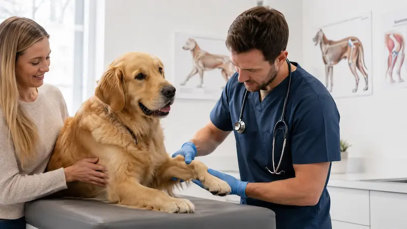Großer Hund beim Tierarzt mit Besitzerin während einer Gelenkuntersuchung