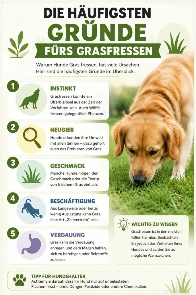 Infografik mit Hund auf einer Wiese und fünf häufigen Gründen fürs Grasfressen: Instinkt, Neugier, Geschmack, Beschäftigung und Verdauung.