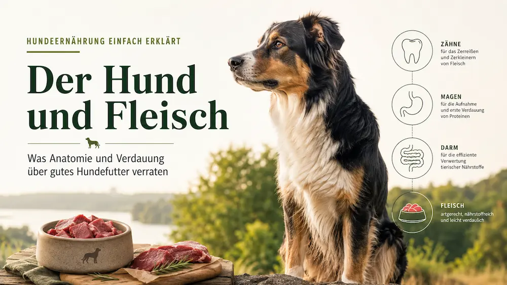 Hund steht in der Natur neben Fleisch im Futternapf. Die Grafik erklärt, was Zähne, Magen und Darm über fleischbetonte Hundeernährung verraten.