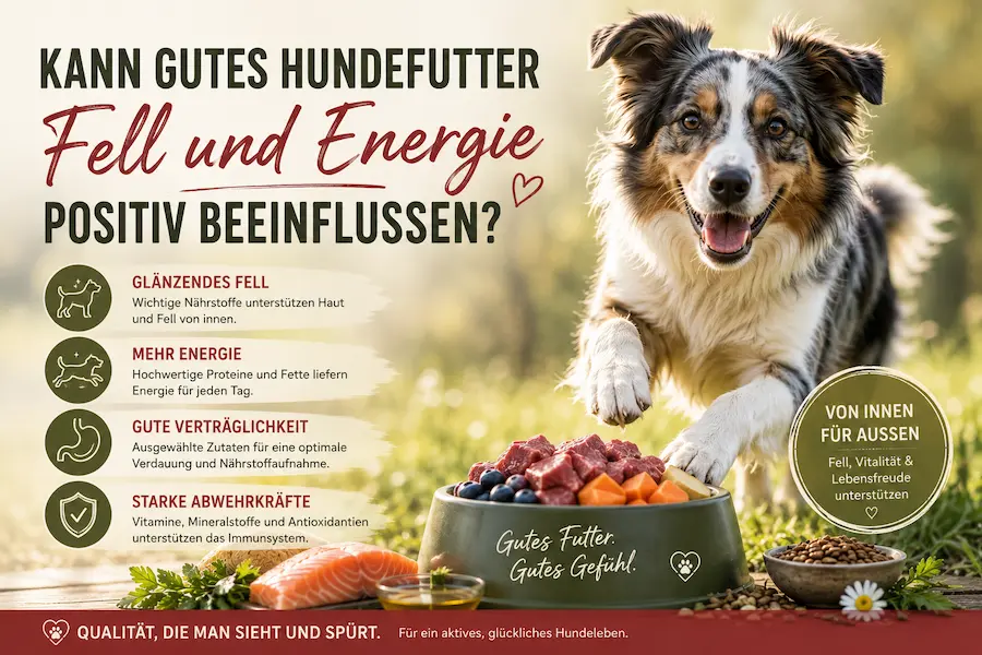 Aktiver Hund läuft auf einer sonnigen Wiese neben einem Futternapf mit hochwertigen Zutaten. Das Bild zeigt, wie gutes Hundefutter Fell, Energie und Vitalität unterstützen kann.