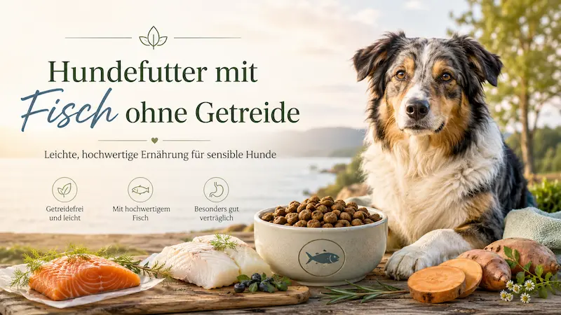 Sensible Hunderasse am See neben einem Napf mit getreidefreiem Hundefutter und frischem Fisch.