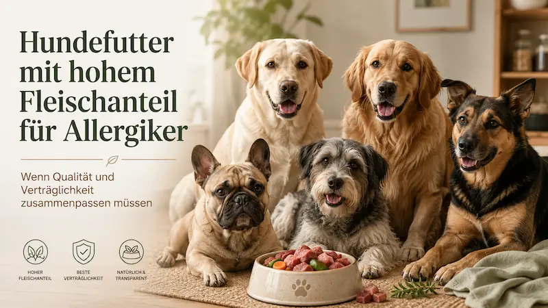 Mehrere Hunde sitzen vor einem Napf mit fleischreichem Hundefutter, daneben steht die Überschrift zum Thema Allergiker und Verträglichkeit.