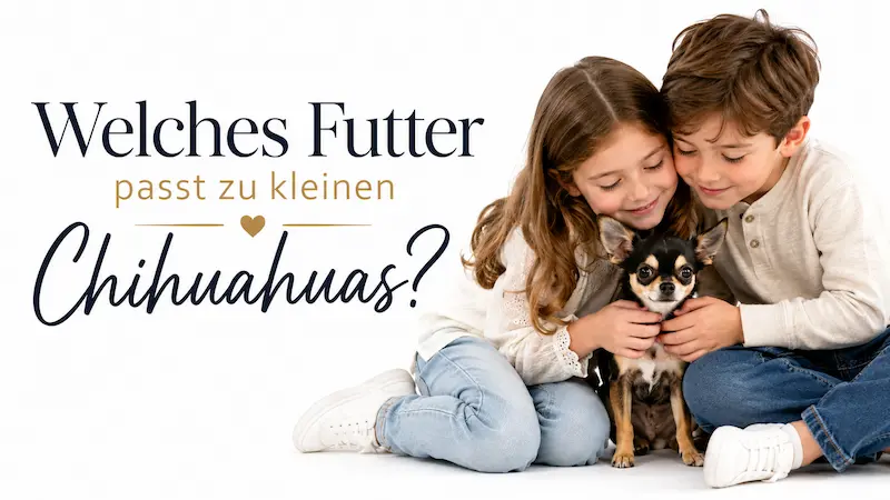 Zwei Kinder kuscheln liebevoll mit einem kleinen Chihuahua vor weißem Hintergrund als Hero-Bild zum Thema Hundefutter für Chihuahua.