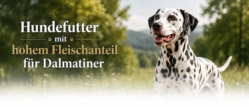 Dalmatiner steht aufmerksam in einer grünen Naturkulisse mit der Überschrift „Hundefutter mit hohem Fleischanteil für Dalmatiner“.