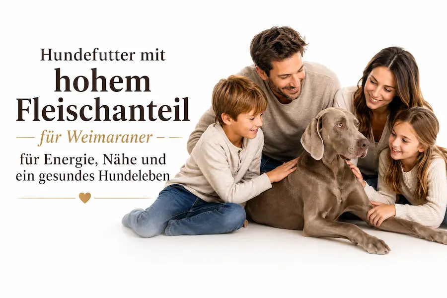 Familie mit Weimaraner vor weißem Hintergrund mit der Überschrift „Hundefutter mit hohem Fleischanteil für Weimaraner – für Energie, Nähe und ein gesundes Hundeleben“.