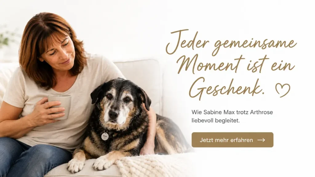 Frau sitzt mit Kaffee auf der Couch neben ihrem älteren Mischlingshund und vermittelt liebevolle Fürsorge durch eine Hundekrankenversicherung.