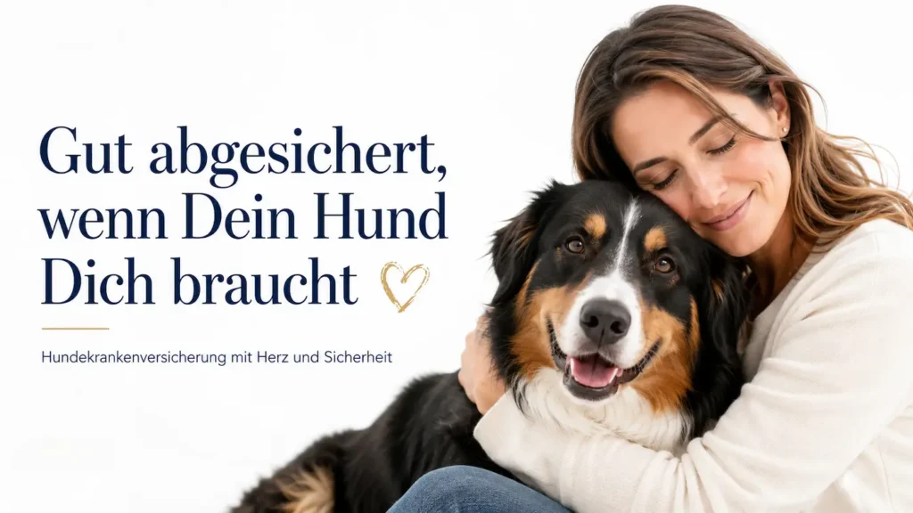 Hundehalterin umarmt ihren Hund liebevoll vor weißem Hintergrund mit dem Text Gut abgesichert, wenn Dein Hund Dich braucht