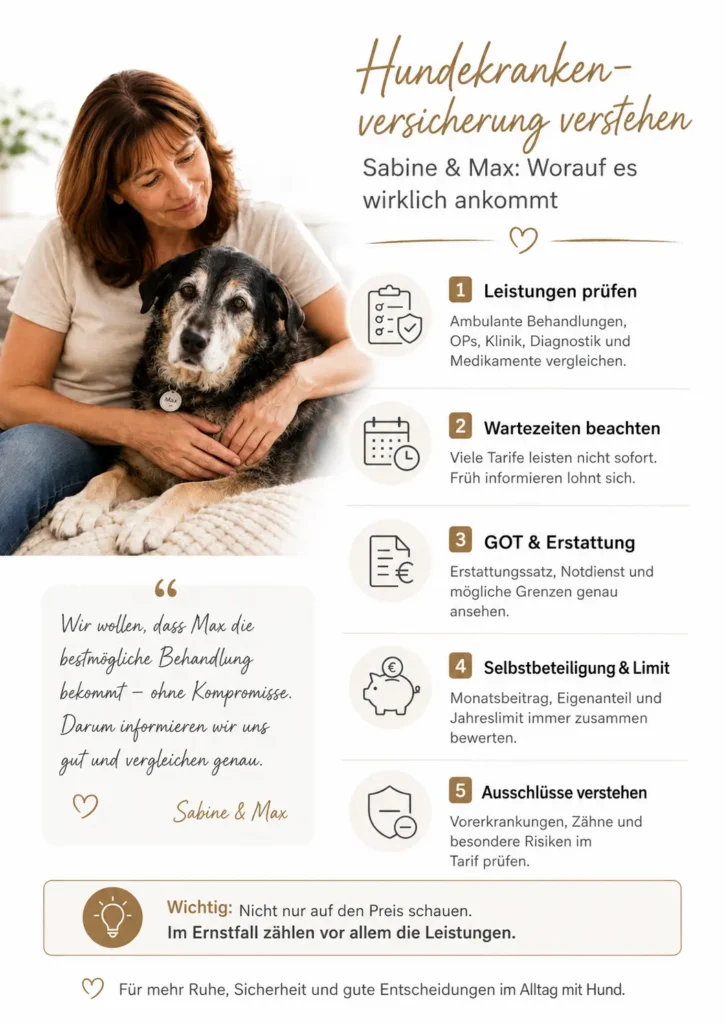 Infografik mit Sabine und ihrem Hund Max auf weißem Hintergrund, die die wichtigsten Punkte zur Hundekrankenversicherung wie Leistungen, Wartezeiten, GOT, Selbstbeteiligung und Ausschlüsse erklärt.