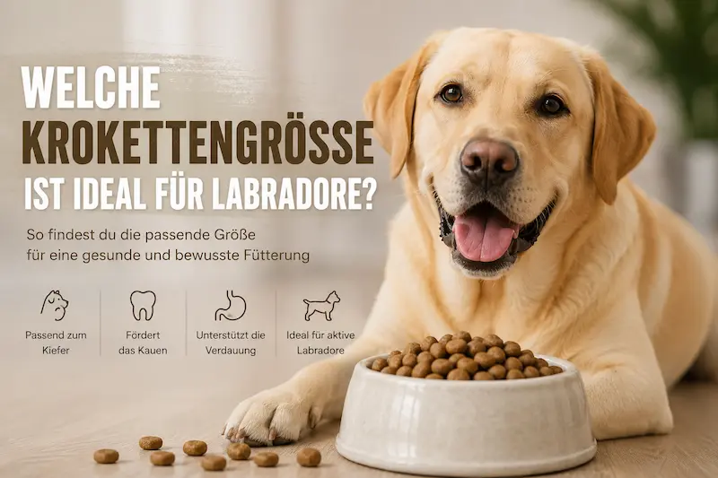 Labrador Retriever liegt neben einem Napf mit Trockenfutter, dazu Text zur idealen Krokettengröße für Labradore.