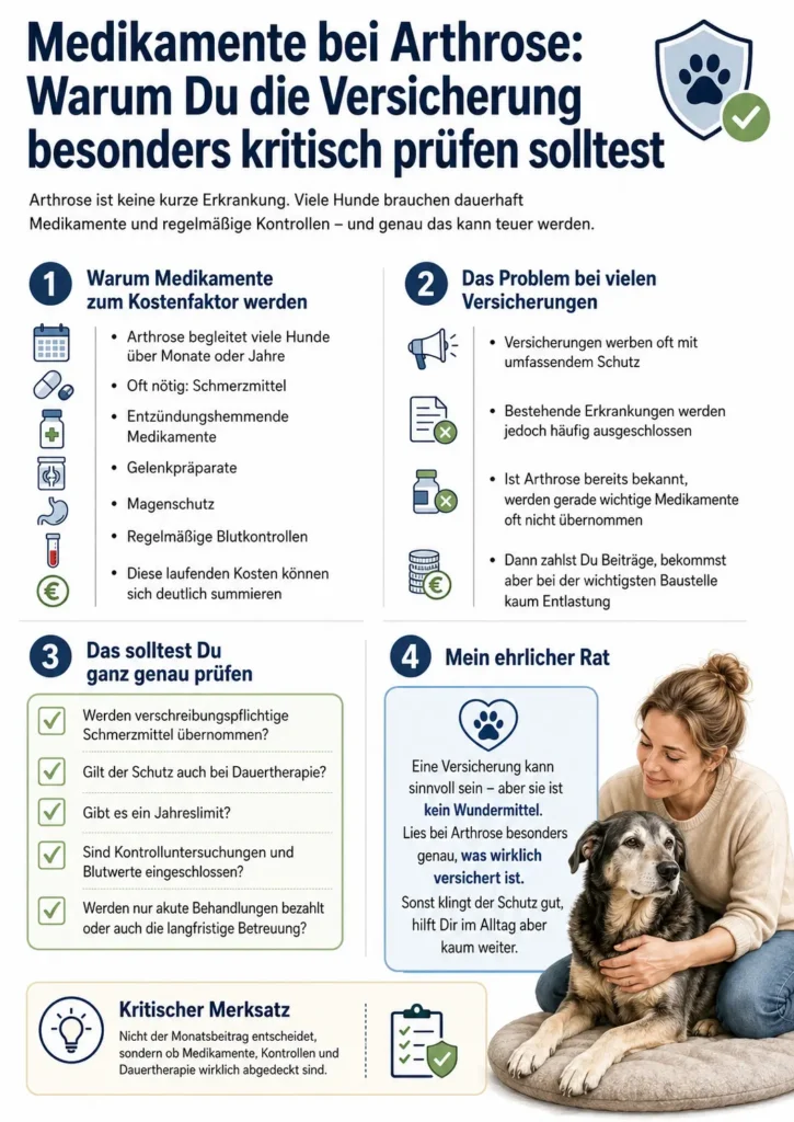 Infografik auf weißem Hintergrund über Medikamente bei Arthrose beim Hund und worauf man bei einer Hundekrankenversicherung besonders kritisch achten sollte