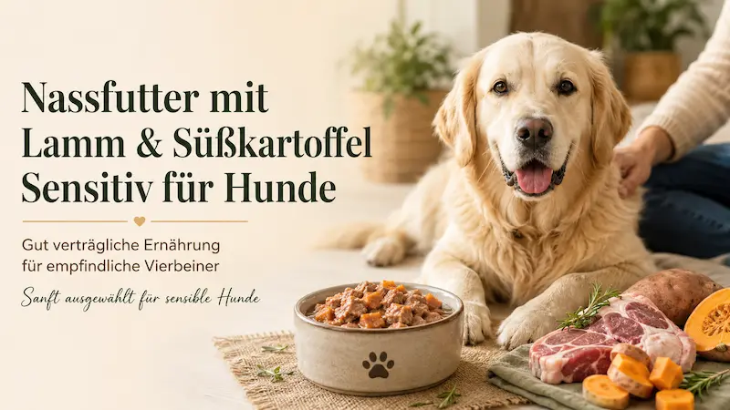 Golden Retriever neben einem Napf mit Nassfutter aus Lamm und Süßkartoffel in heller, ruhiger Wohnatmosphäre – Hero-Bild zum Thema sensitiv verträgliche Hundeernährung.