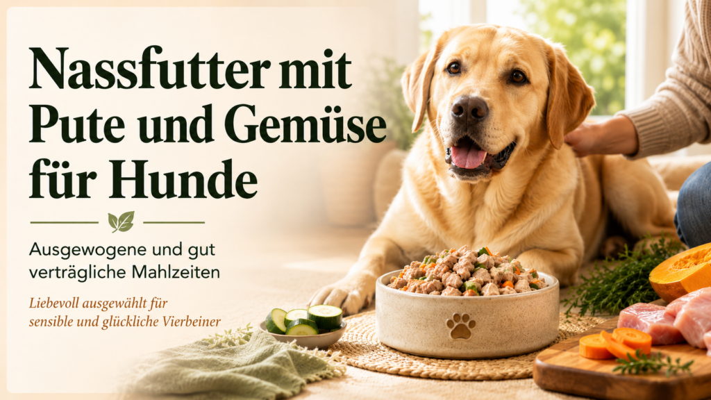 Labrador neben einem Napf mit Nassfutter aus Pute und Gemüse in heller, liebevoller Wohnatmosphäre – Hero-Bild zum Thema ausgewogene und gut verträgliche Mahlzeiten für Hunde.