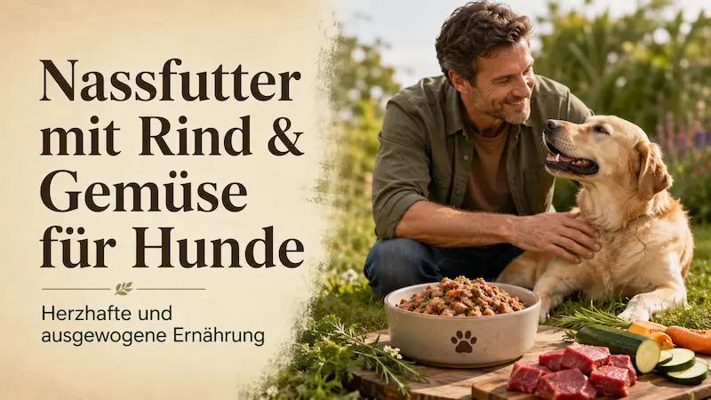 Herrchen mit Golden Retriever im Freien neben einem Napf mit Nassfutter aus Rind und Gemüse – Hero-Bild zum Thema herzhafte und ausgewogene Hundeernährung.