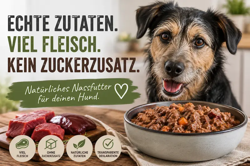 Mischlingshund schaut freundlich auf eine Futterschale mit Nassfutter; daneben steht der Hinweis „Echte Zutaten, viel Fleisch, kein Zuckerzusatz“.