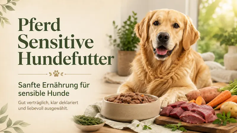 Golden Retriever neben einem Napf mit Pferd Sensitive Hundefutter und frischen Zutaten wie Fleisch, Karotten, Kartoffeln und Kräutern – Hero-Bild für sensible Hunde.