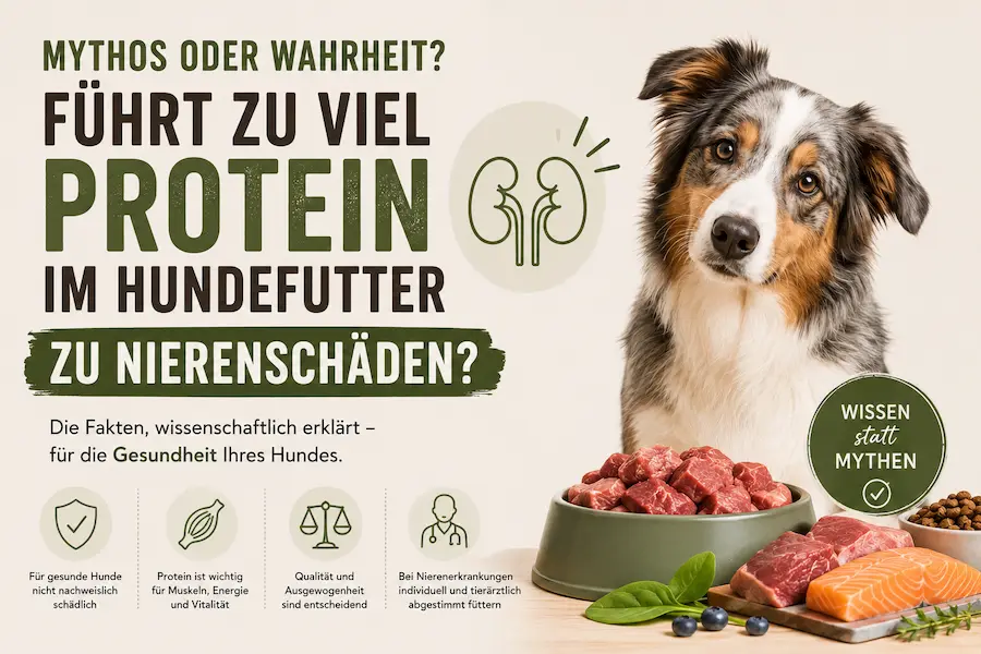 Hund sitzt neben einem Futternapf mit Fleisch. Die Grafik fragt, ob zu viel Protein im Hundefutter zu Nierenschäden führen kann.