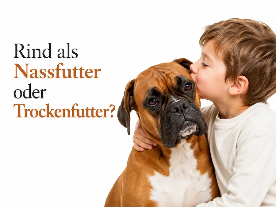 Kind küsst einen Boxer vor weißem Hintergrund neben der Frage, ob Rind als Nassfutter oder Trockenfutter für Boxer besser geeignet ist.