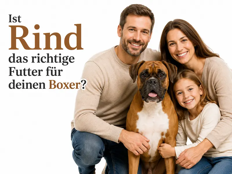 Familie mit Boxerhund und der Frage, ob Rind das richtige Hundefutter für den Boxer ist.