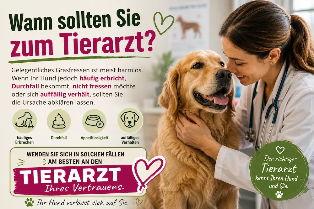 Tierärztin untersucht liebevoll einen Golden Retriever. Die Grafik empfiehlt bei Erbrechen, Durchfall, Appetitlosigkeit oder auffälligem Verhalten den Tierarzt des Vertrauens.