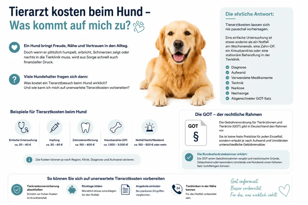 Infografik zu Tierarztkosten beim Hund mit Golden Retriever, GOT-Hinweis, Kostenbeispielen und Vorbereitungstipps.