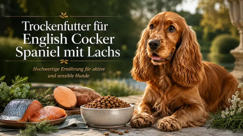 English Cocker Spaniel liegt neben einem Napf mit Trockenfutter, frischem Lachs und natürlichen Zutaten.