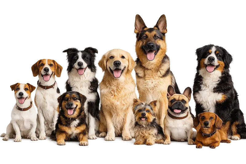Verschiedene Hunderassen in einer Reihe – von kleinen bis zu großen Hunden – freigestellt auf transparentem Hintergrund. Zu sehen sind unter anderem Schäferhund, Golden Retriever, Border Collie, Beagle, Dackel und Mischlinge.