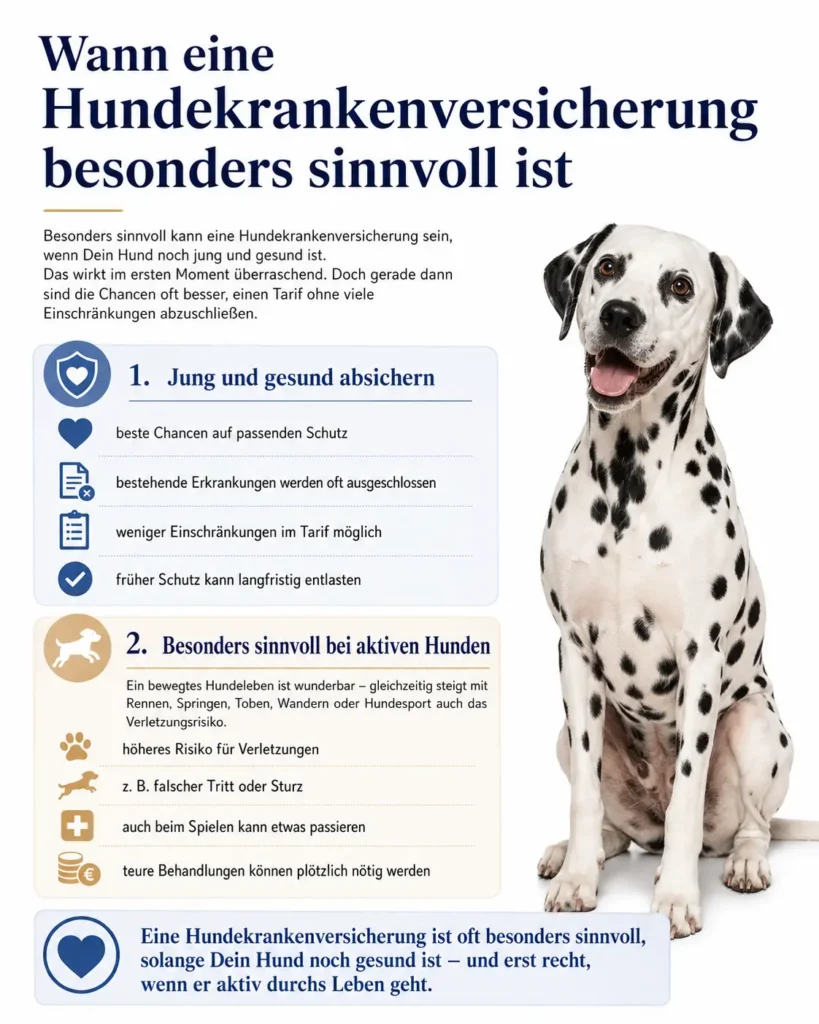 Infografik mit weißem Hintergrund über den sinnvollen Zeitpunkt für eine Hundekrankenversicherung. Gezeigt werden ein ausgewachsener Dalmatiner sowie Vorteile für junge, gesunde und aktive Hunde.